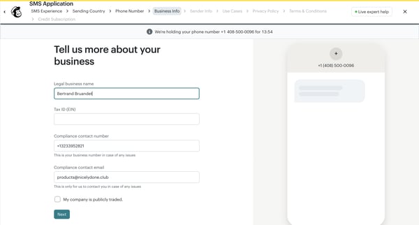 Tell us more about your business - SMS Channel Setup | Mailchimp screen