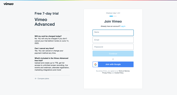 Checkout on Vimeo screen