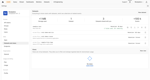 Datasets and Views - Settings - Axiom screen