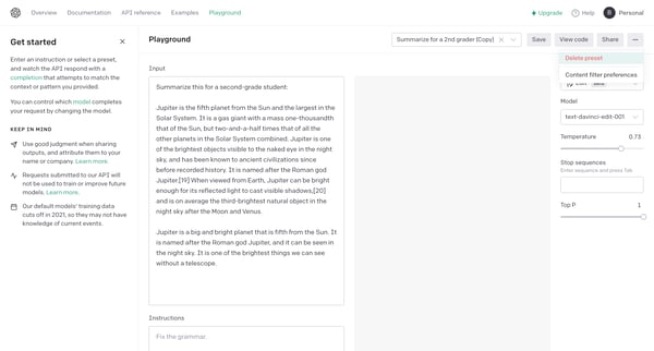 Playground - OpenAI API from OpenAI
