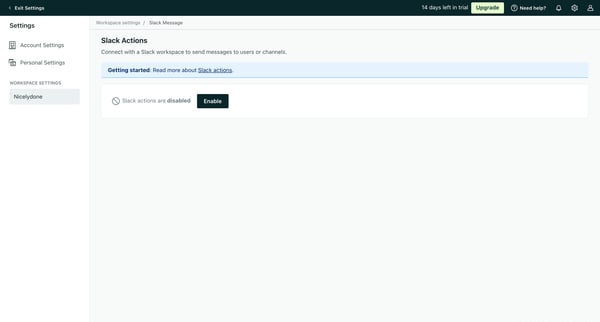 Slack Message | Workspace settings Customer.io screen