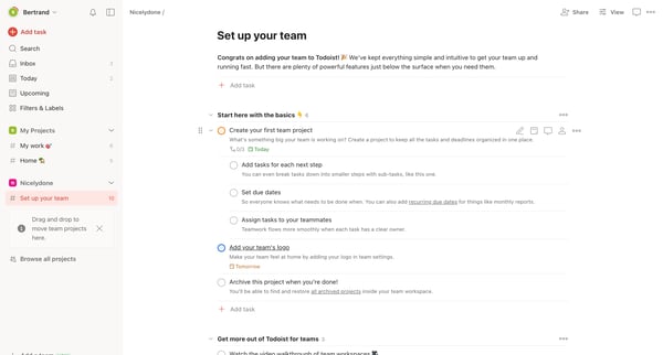 Set up your team – Todoist screen