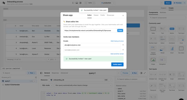 Onboarding process | Editor  Retool screen