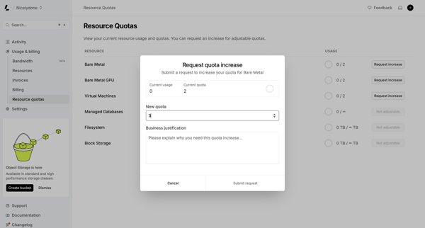 Resource Quotas – Dashboard - Latitude.sh screen