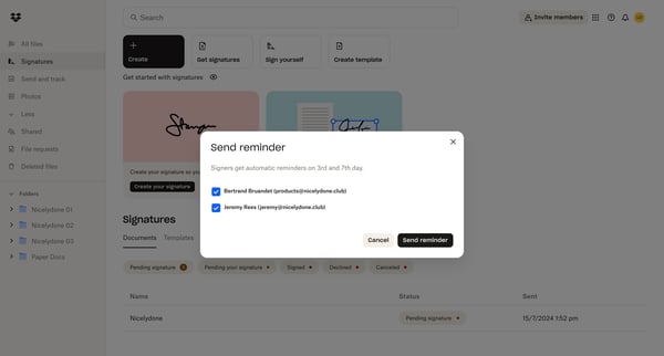 Signatures - Dropbox screen