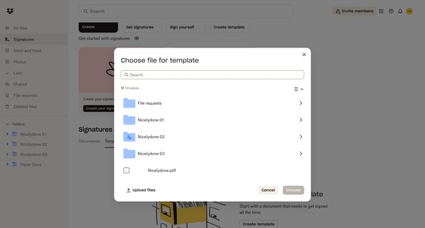 Signatures - Dropbox screen
