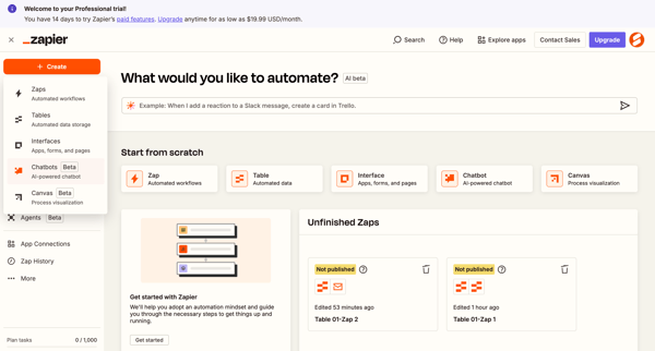 Home | Zapier screen