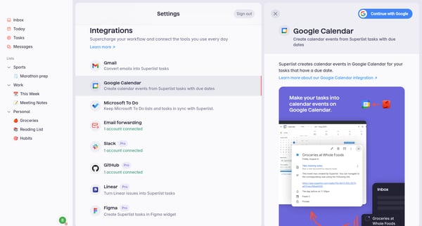 Superlist | Integrations screen