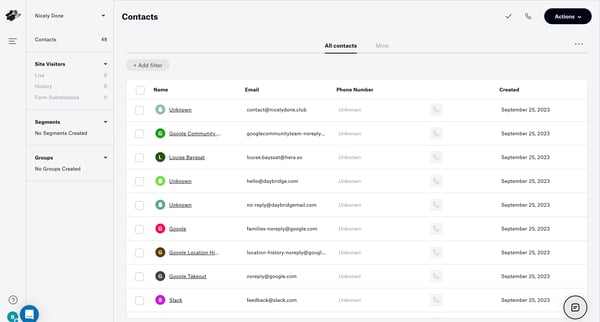 Contacts screen