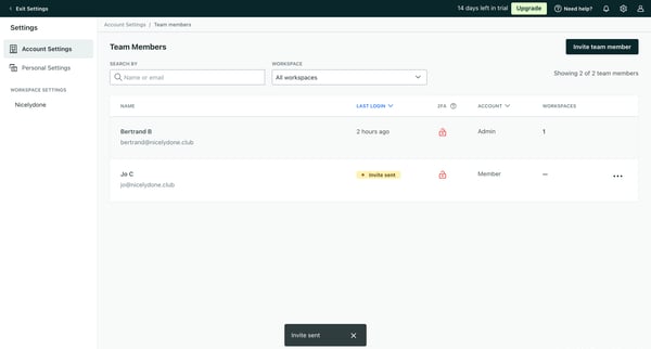 Team members | Account Settings Customer.io screen