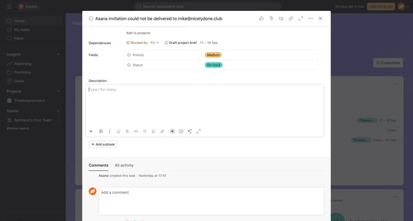Home - Asana invitation could not be delivered to mike@nicelydone screen