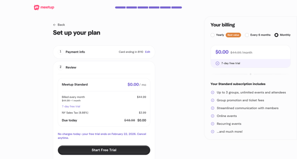 Organizer Subscription - Network Setup | Meetup screen