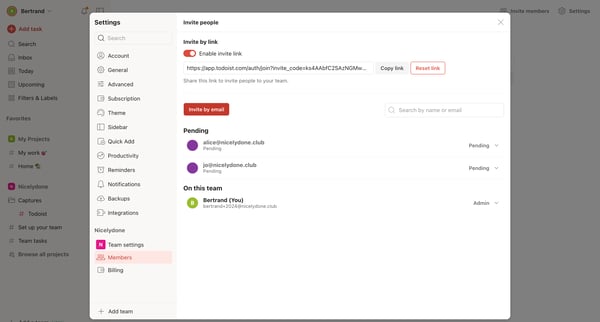 Invite people – Settings – Todoist screen