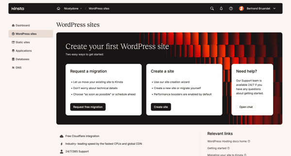 WordPress sites - MyKinsta screen