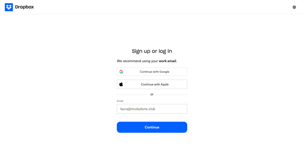 Register - Dropbox screen