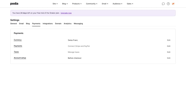 Podia Payment settings screen