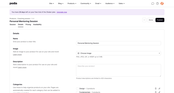 Podia Personal Mentoring Session screen