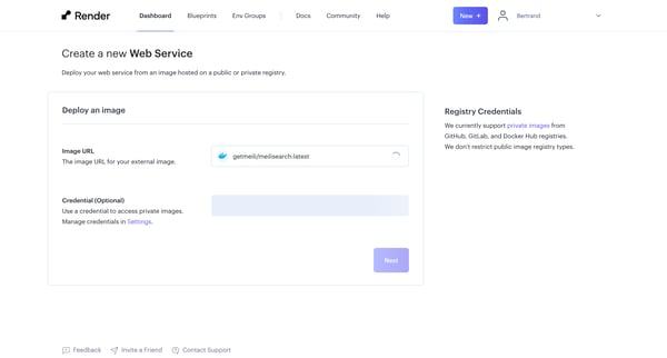 New Web Service ・ Render Dashboard screen