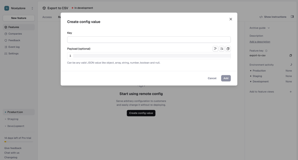 Feature › Export to CSV › Remote config screen