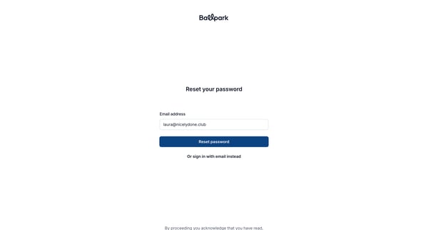 Reset your password | Ballpark screen