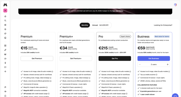 Pricing plans | Magnific (formerly Freepik) screen