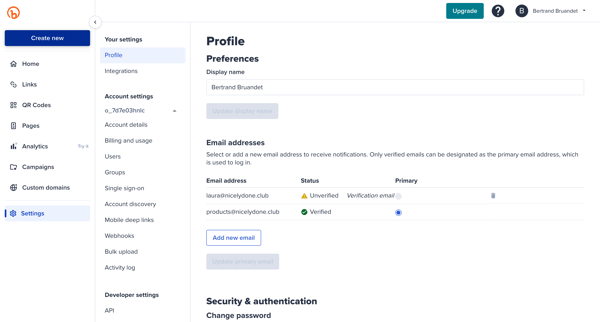 Bitly | Settings screen
