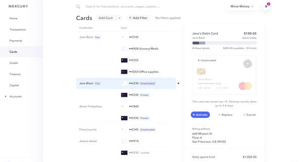 Mercury | Banking for startups screen