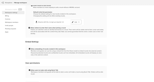 Workspace settings • MURAL screen