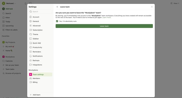 Leave team – Settings – Todoist from Todoist