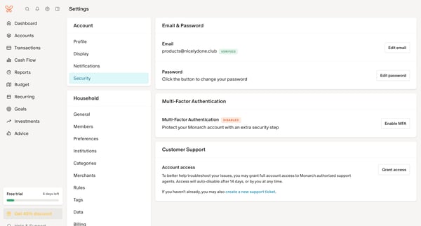 Security Settings screen