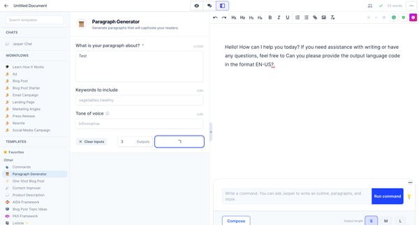 Paragraph Generator - Jasper screen