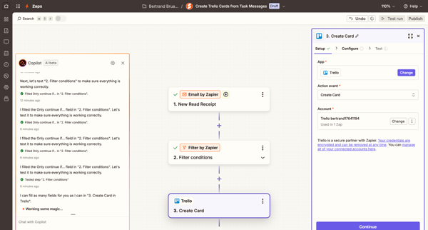 Create Trello Cards from Task Messages | Zapier screen