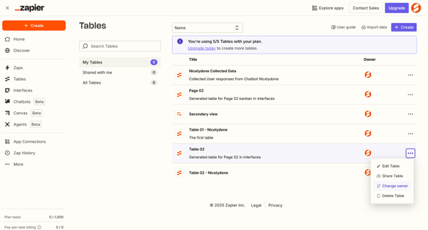 Zapier Tables screen