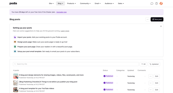 Podia Blog posts screen