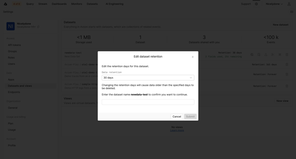 Datasets and Views - Settings - Axiom screen