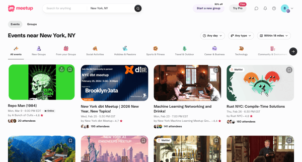 Find Events & Groups | Meetup screen