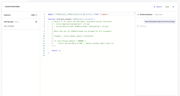 Lithic - Create ACH Debit Rule screen