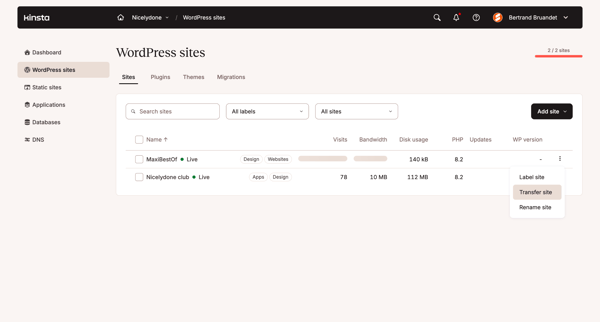 WordPress sites - MyKinsta screen