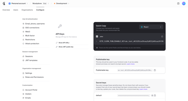 Dashboard | Clerk.com screen