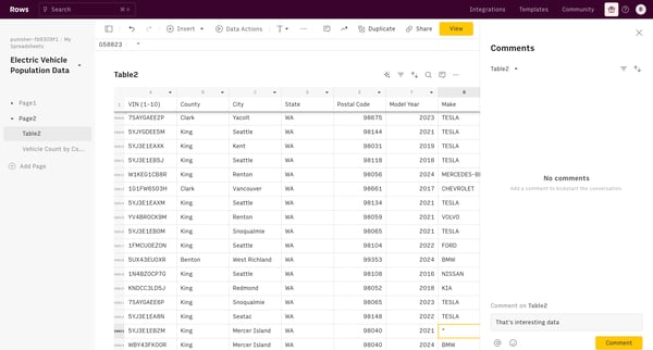 Electric Vehicle Population Data screen