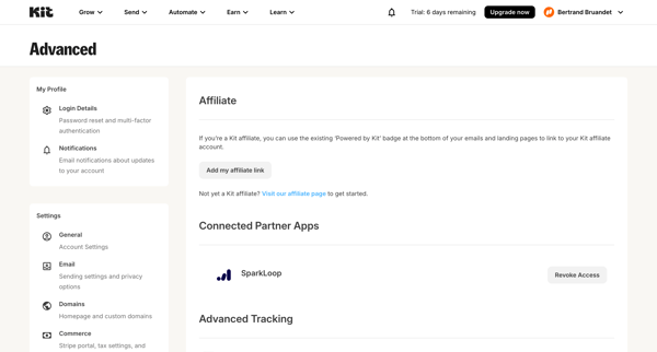 Account Settings - Kit screen