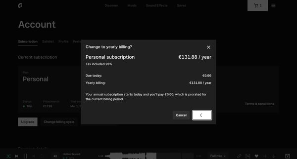 Manage account | Epidemic Sound screen