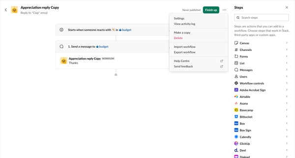 Appreciation reply Copy | Workflow Builder Nicelydoneclub - Slack from Slack