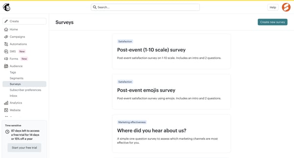Surveys | Mailchimp screen