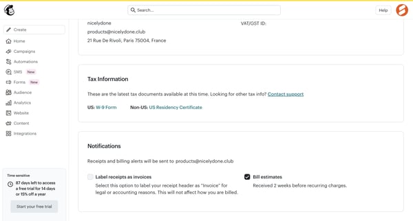 Billing Information | Mailchimp screen
