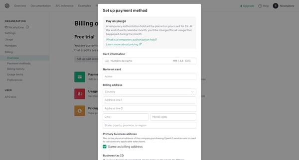 Billing overview - OpenAI API screen