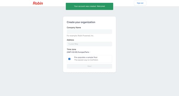 Create an organization - Robin screen