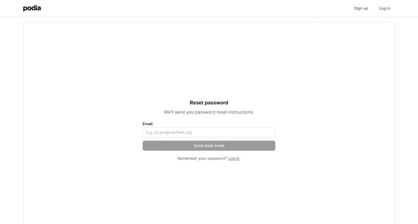 Podia Reset password screen
