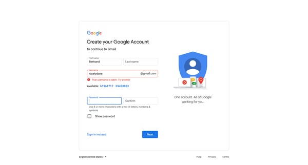 Create your Google Account screen