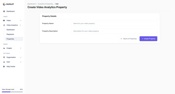 Add - Analytics Property - Gumlet screen
